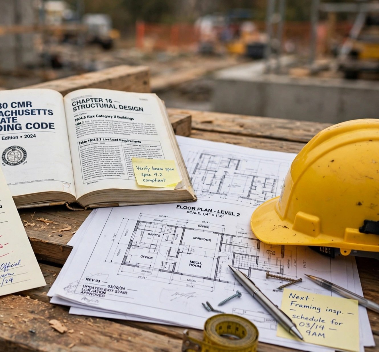 Building permit, Massachusetts building code book, and floor plans on a worktable