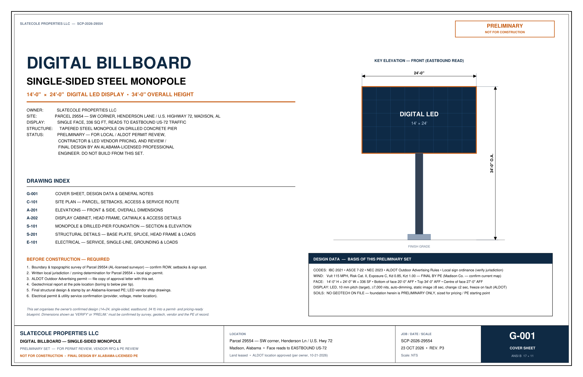 Blueprint cover sheet with key elevation and design data